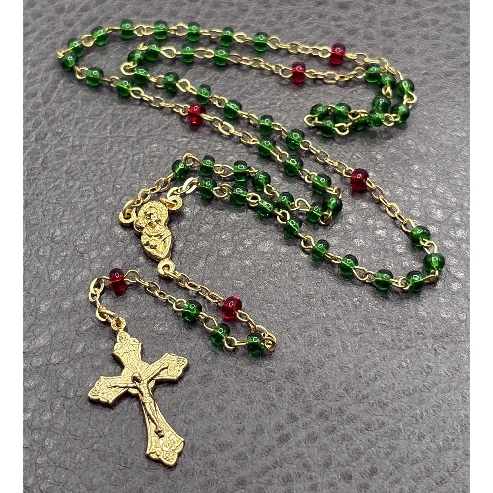 Catholic Rosary Dainty Green Red Glass Beads Cross Pendant Christmas Gold Tone